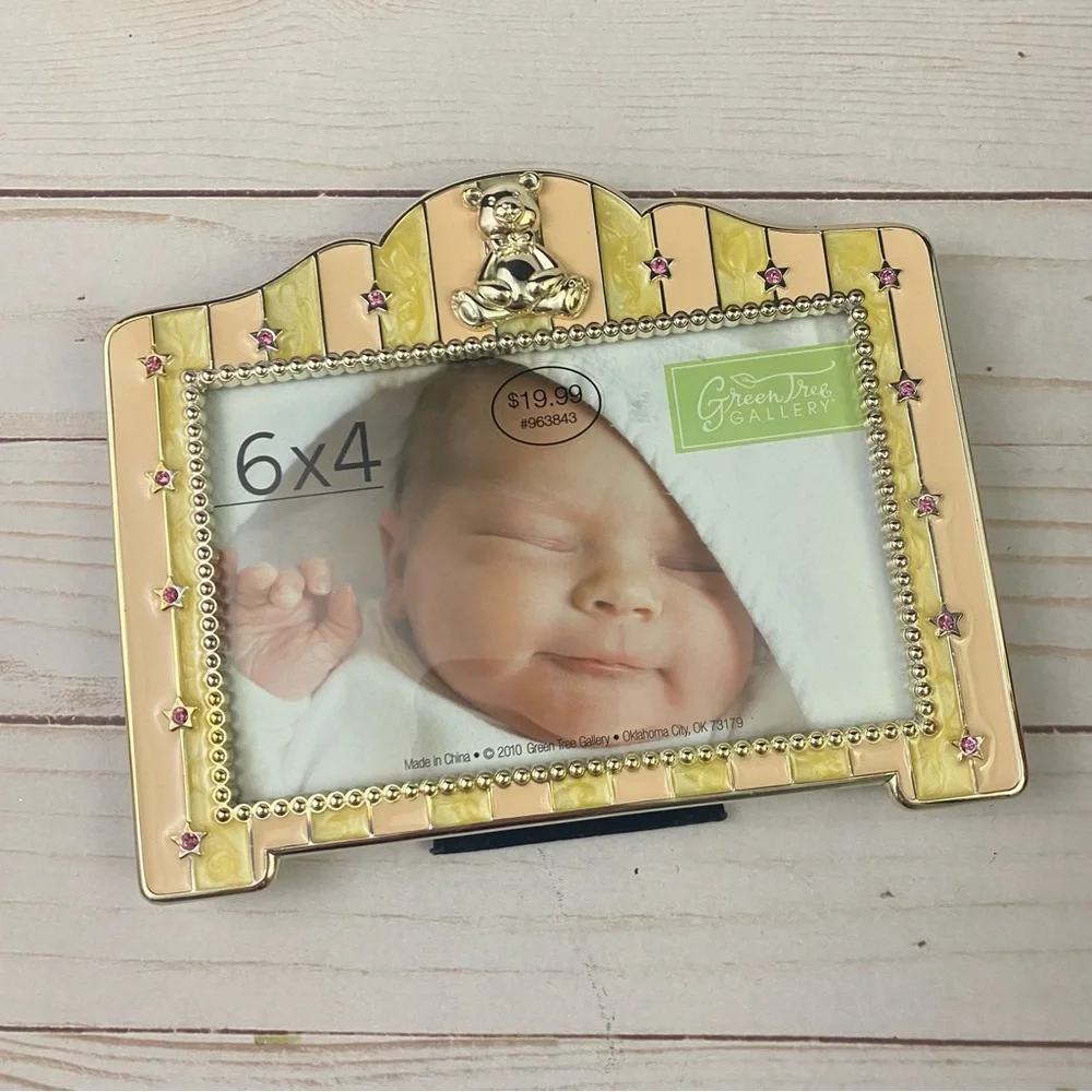 Green Tree Baby Photo Frame Enamel Rhinestone Easel Back Teddy Bear Stars 6x4”